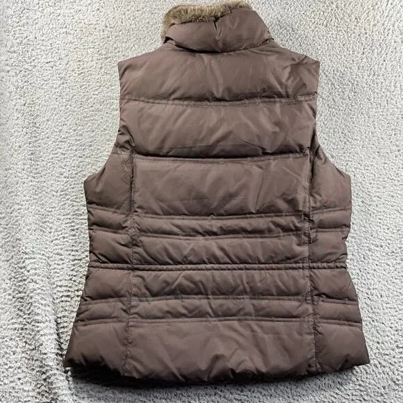 Eddie Bauer 700 Fill Goose Down Puffer Vest Women L Brown Faux Fur Trim Quilted - Picture 6 of 7